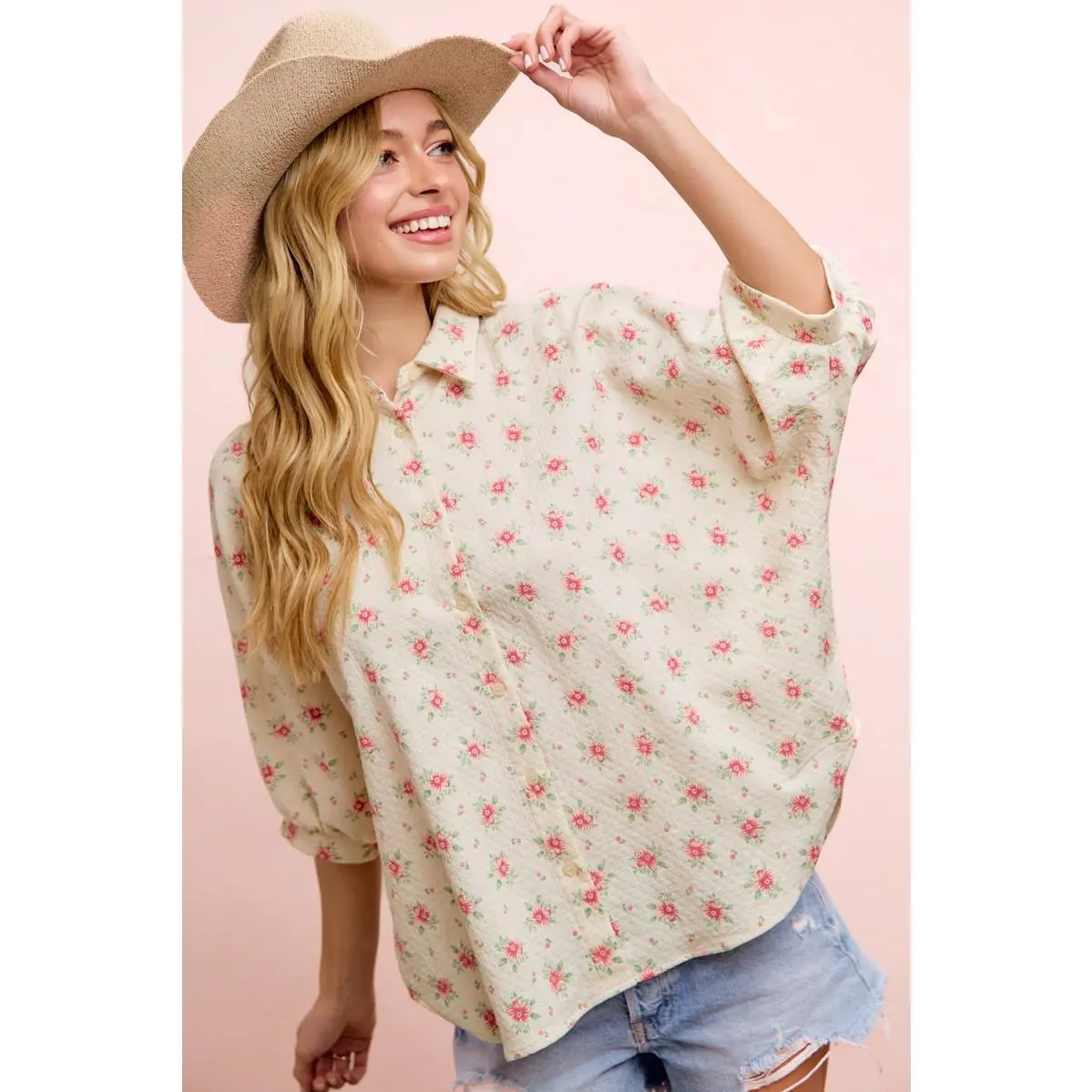 Women's Floral Printed Light Fabric Short-Sleeve Dolman Blouse Top, Shirts