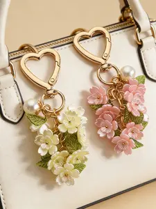 Romantic Heart-Shaped Cherry Flower Keychain,Yellow Pink Enamel Cherry Blossom Flower Pendant Sakura Keychain,European American Leaf Floral Keyring Faux Pearl & Flower Beaded Handbag Charms Accessory Valentine's Day Mother's Day,Floral Clusters Bag Charm