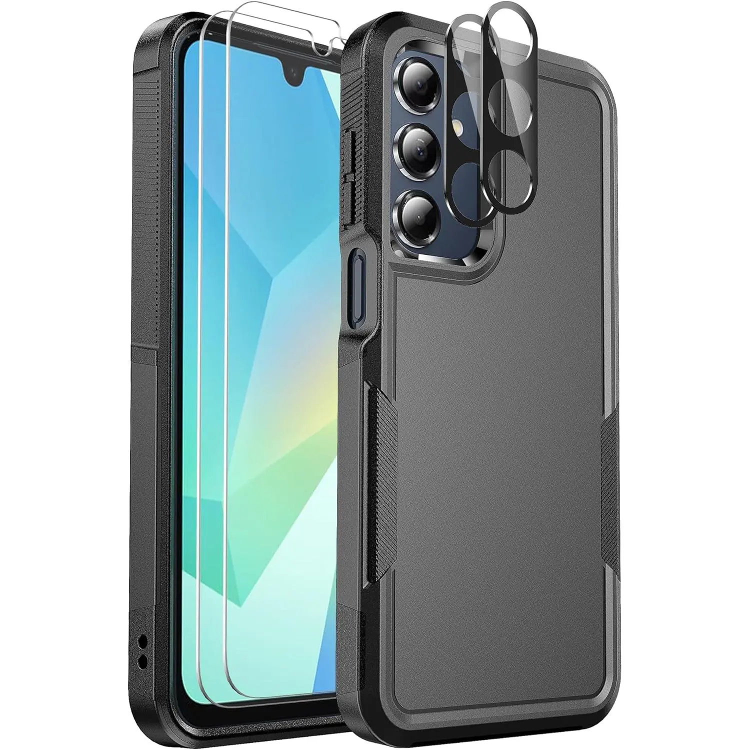 Samsung Galaxy A16 5G Case Military Grade Drop Protection, Shockproof Non Slip Protective Phone Cover with Tempered Glass Screen Protector and Camera Lens Protector, Heavy Duty Durable Case for Galaxy A16 5G Black