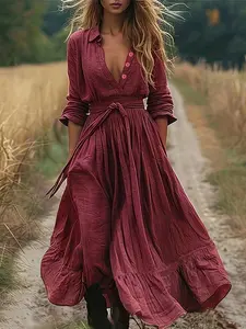 Boho Vintage Style Dress, Deep V Neck Button Adjustable Waist Tie Wide Hem Long Sleeve, Pure Color Patternless, Women's Outdoor Travel Casual Dress, Casual Wear