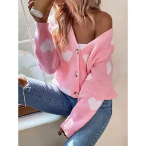 Women's Heart Print Button Front Drop Shoulder Cardigan, Casual Long Sleeve V Neck Knitwear for Fall & Winter, Women Clothing