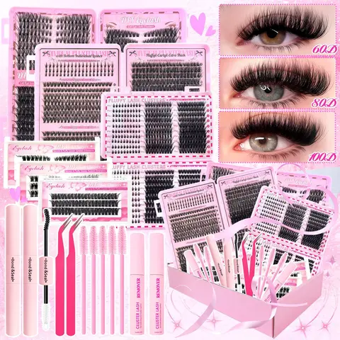 SOSIAY CICI Women's Pre-Packaged False Eyelashes & Adhesives Cluster Kit - D Curl Fluffy Kawaii Mix Anime Eyelash Extension, Mixed Lengths/Styles, Extra-Large Capacity Set for Adults, Kit for Day, Night, Parties