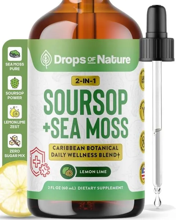 Soursop with Sea Moss Liquid Supplement – More Concentrated Than Sea Moss Gel – Easily Mix with Drinks – Soursop Bitters Liquid Drops for Hydration and Immune Support (Lemon Lime, 60mL)