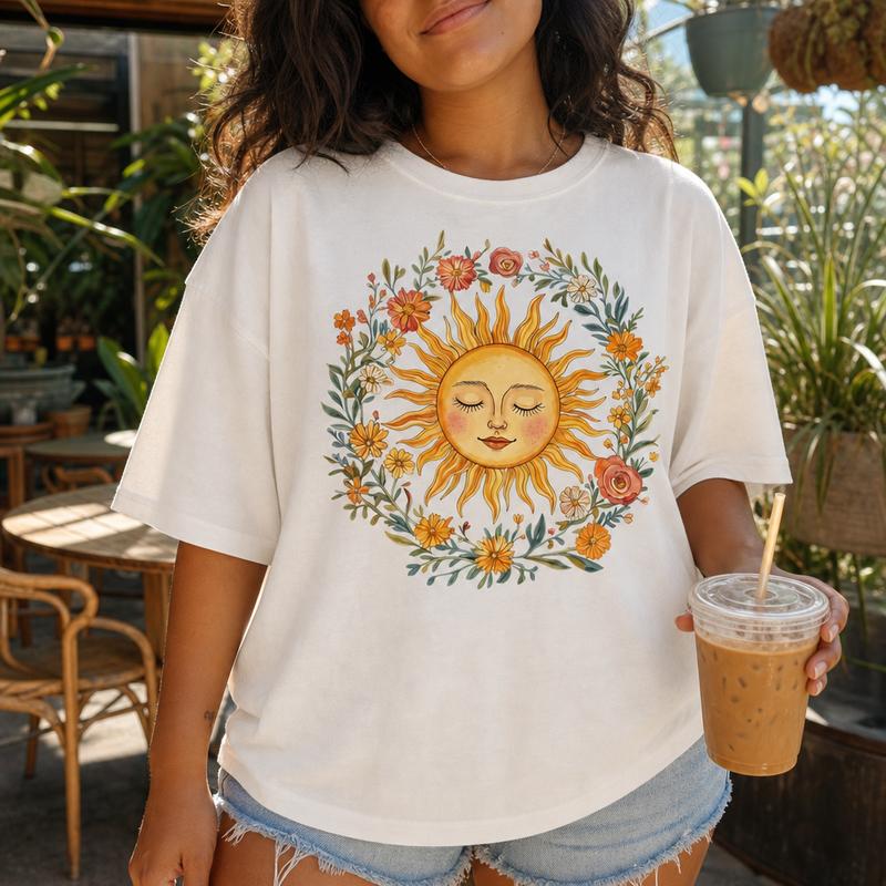 Women's 100% Cotton Loose-Fit Crew Neck Short-Sleeve Drop-Shoulder T-Shirt - Boho Celestial Sun, Floral Botanical Wreath Graphic Print Casual Wear Top