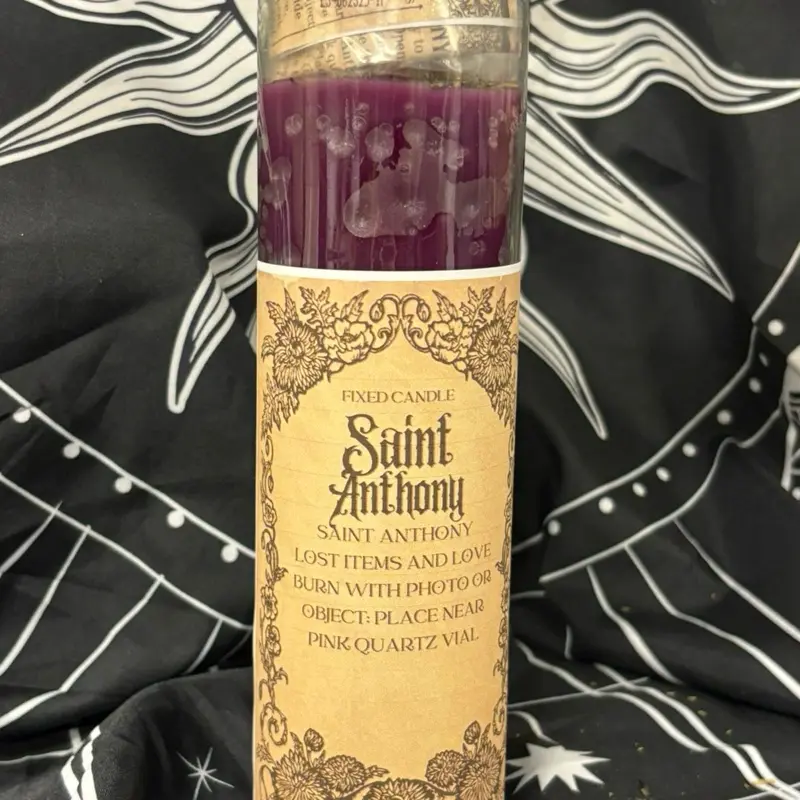 Saint Anthony Fixed 7 Day Ritual Candle for Lost Items and Love with Photo or Object near Pink Quartz Vial