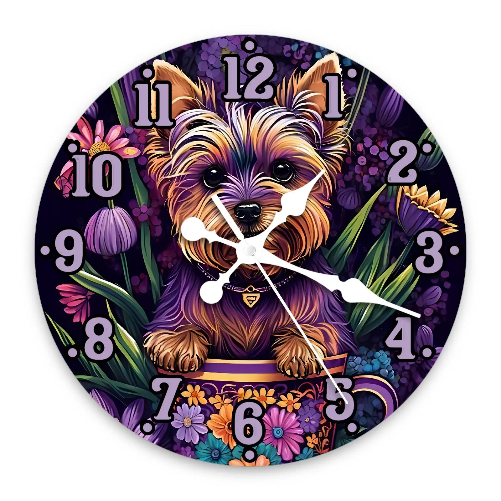 Puppy & Flower Pattern Wall Clock, Round Wall Clock, Wall Hanging Decor for Home Living Room Bedroom, Gift for Dog Lovers