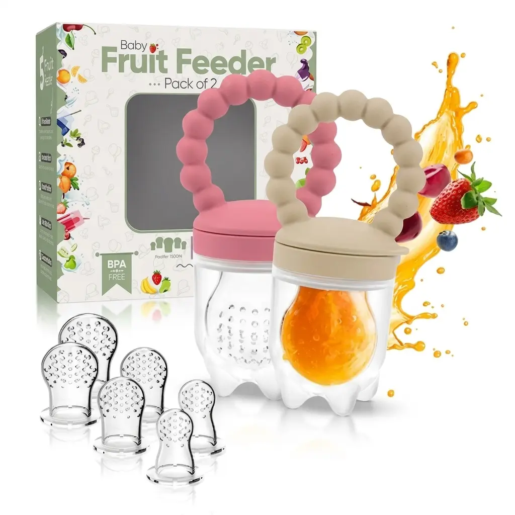 2-Pack Baby Fruit Feeder Pacifier Set, Unisex Silicone Teethers for Infant Feeding & Teething Relief, Includes 6 Nipples, Designed for Tiny Hands, Encourages Healthy Eating, Grip-Friendly