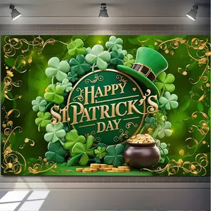 1PC,2D Flat St. Patrick's Day Themed Backdrop, Green Lucky Clover & Gold Coin Pot Decorative Curtain, Festival Party Scene Layout Photography Background Prop