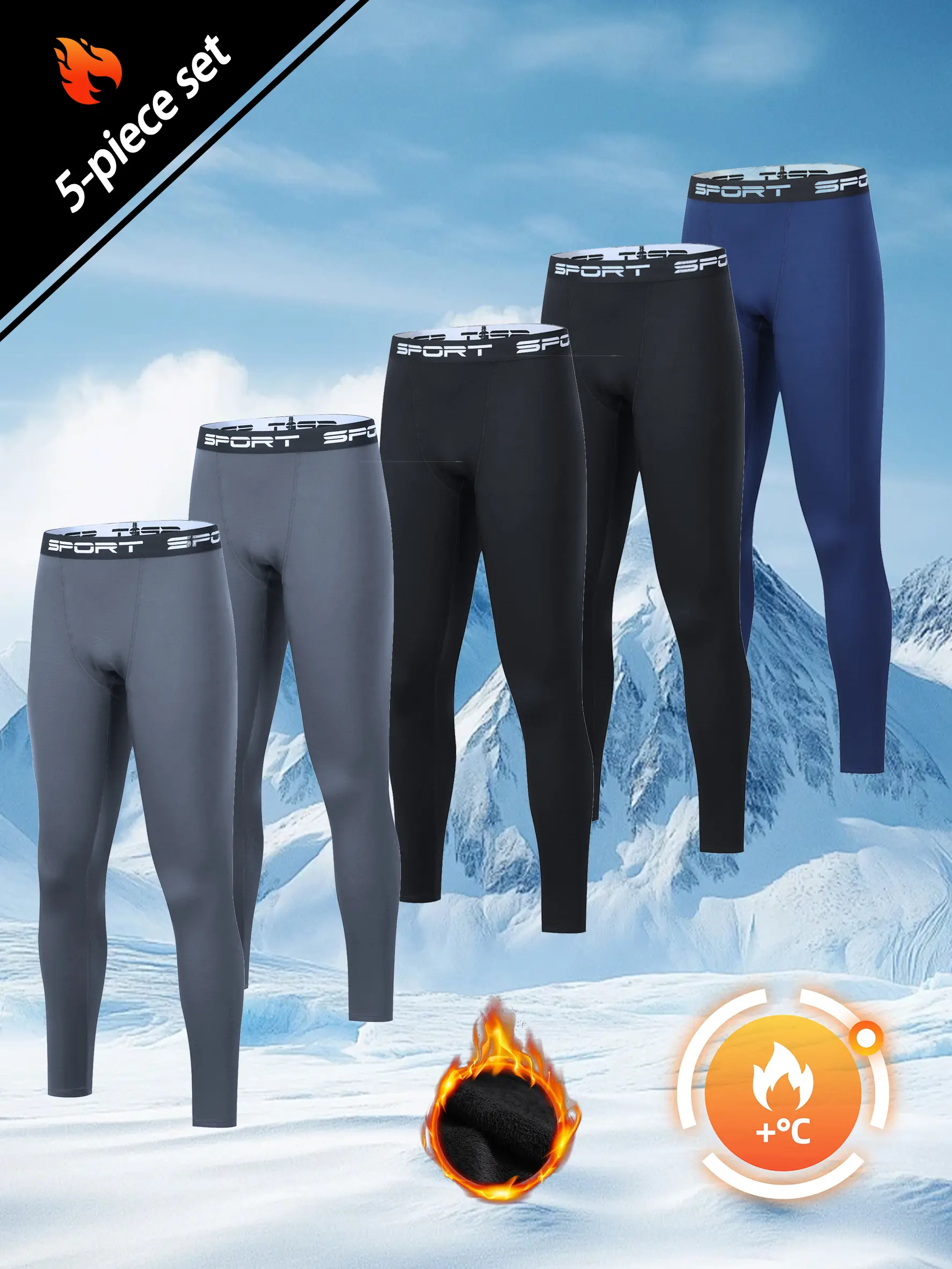 Men's 5-Pack Thermal Compression Leggings - Fleece-Lined Warm Long Johns, Multi-Color Cold-Weather Athletic Base Layers, Thermal Men's Pants for Skiing