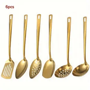 6-Piece Stainless Steel Serving Set, Gold, Black, and Silver: Serving Spatula, Rice Spoon, Skimmer, and Soup Spoon. Ideal for Buffets, Banquets, and Gatherings. Mirror-polished Finish. Dishwasher Safe.