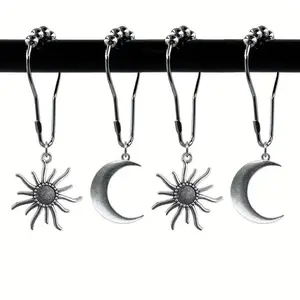 12 Piece Moon & Sun Shower Curtain Rings Set, Decorative Rust-Resistant Hooks, Elegant Bathroom Accessories, Animal Pattern Design, Bathroom Decoration Accessories