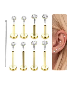 Flat Back Stud Earrings - 316L Surgical Steel Internal Thread CZ Stud Piercing Jewelry for Tragus Helix Cartilage Conch Nose Hypoallergenic Lip Labret Medusa Piercing 18G