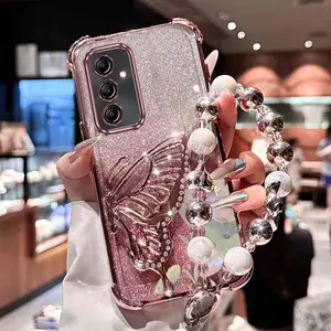A54 5G Impact Resistant PC Fashion Strap Lanyard Phone Holder Case For Compatible With Samsung Galaxy A54 5G Bling Bling Butterfly with Lotus Butterfly Stand Cover