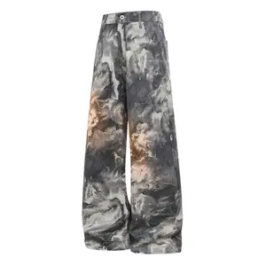 Slack style high street jeans, men's straight autumn and winter new printed and dyed casual pants, men's loose straight wide-leg pants trousers, old retro tie-dyed jeans, men's jeans, men's bottoms, soft and comfortable fabrics, suitable for daily wear su