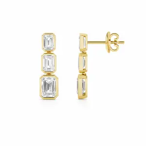 5.05ct 14K Yellow Gold Emerald Diamond Dangling Bezel Solitaire Earrings (IGI CERTIFIED)
