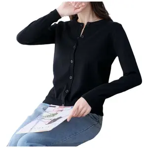 Women's Knitted Round Neck Cardigan Sweater Coat Early Spring Autumn Winter New Long Sleeve Loose Korean Style Top Short Version -  Knitting Casual Fit Basic Black  Minimalist Crewneck
