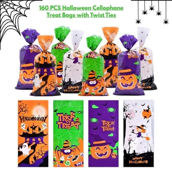160 PCS Halloween Cellophane Treat Bags with Twist Ties, Self Sealing Candy Goodie Bags, Trick or Treat Favor Bags, Halloween Cookie Bags, Pumpkin Ghost Witch Spider Party Supplies