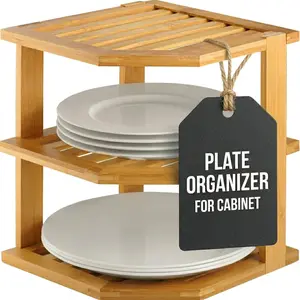 Plate Organizer for Cabinet - 3 Tier Bamboo Corner Shelf Cabinet Organizer for Plates, Bowls, Mugs and Pantry Storage, Space Saving Countertop and Cabinet Corner Shelf, 10 x 10 x 9.5 Inch, Bambusi