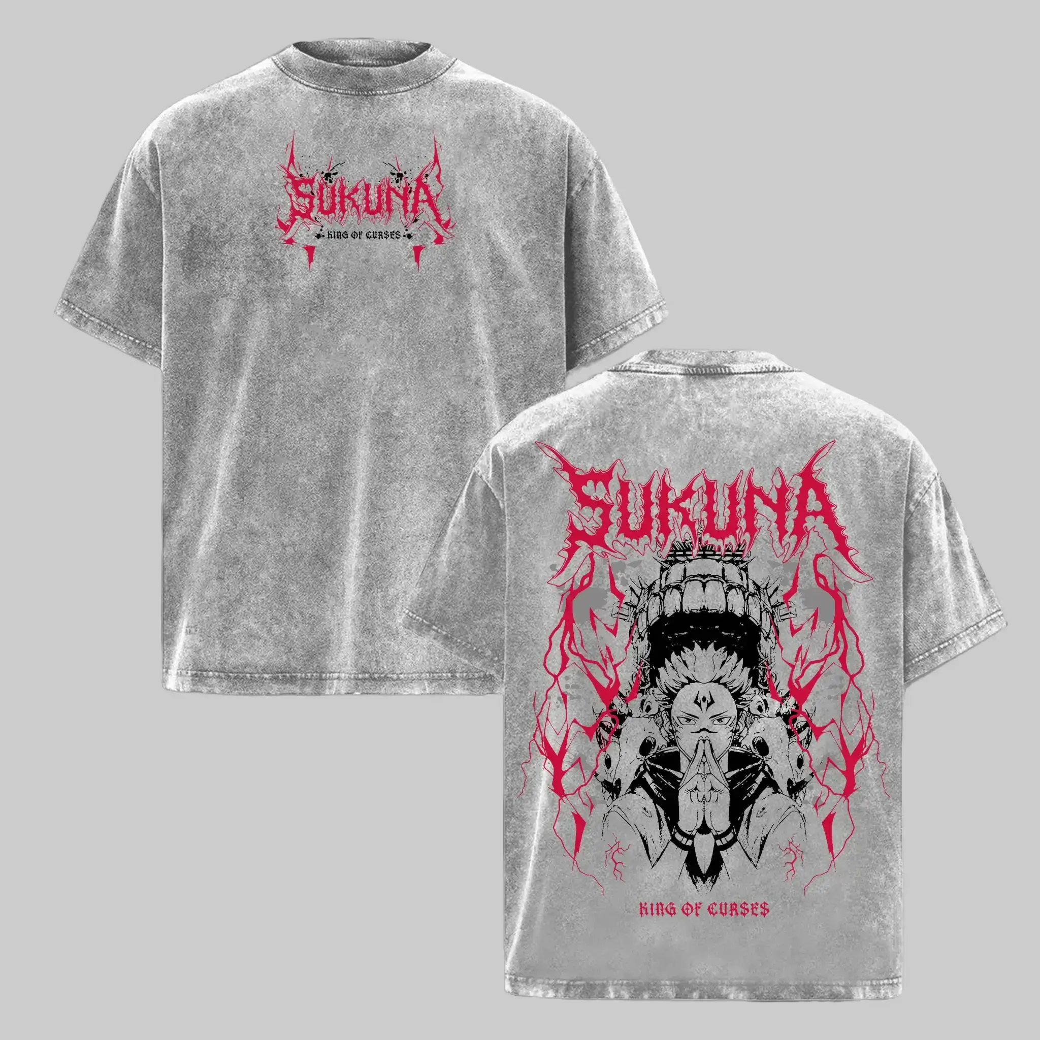 Men's Ryomen Sukuna Cursed King Round Neck Graphic T-Shirt - Jujutsu Kaisen JJK Vintage Washed Oversize Super Soft Cotton Casual Short-Sleeve Top, JJK Fashion, Thoughtful Gift, Uplifting Message, Anime Fan Streetwear Tee