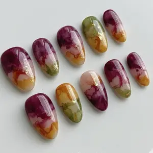 Handmade Mediterranean Blue Ceramic Press On Nails | 3D Lemon & Blueberry Art | Luxury Shell And Pearl Almond Set