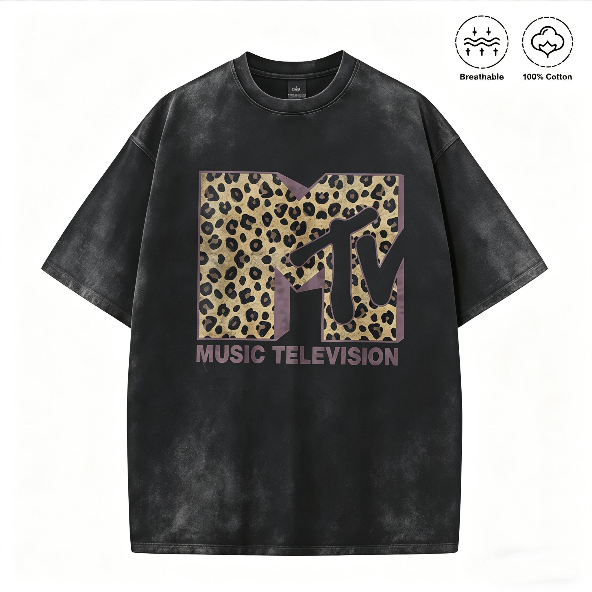 MTV Leopard Print Logo Graphic T-Shirt, Vintage Washed 100% Cotton Oversized Crew Neck Short Sleeve Tee for Men Women, Retro 80s 90s Music Television Casual Streetwear, Breathable Summer Top,funny graphic tee, men’s trendy t-shirts,