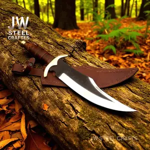 JW SteelCrafts Handmade Frontier Bowie Knife Mirror Polished High Carbon Steel Blade with Stacked Leather Handle
