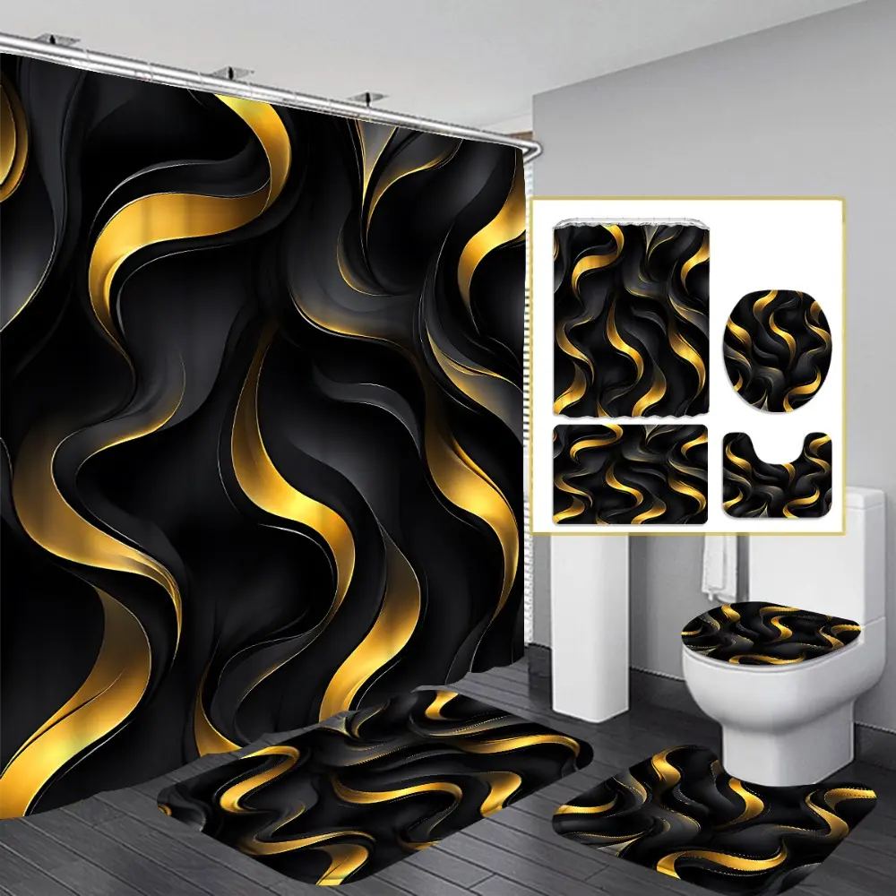 1PC/4PCS 2D flat Black and Gold Wave Texture Multicolor Printed shower curtain with a modern design for home bathroom decor, Shower Essentials, shower curtain set includes 12 hooks, non-slip bath mat, U-shaped non-slip mat, toilet seat cover