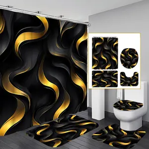 1PC/4PCS 2D flat Black and Gold Wave Texture Multicolor patterned shower curtain with a modern and personalized design for home bathroom decor, shower curtain set includes 12 hooks, non-slip bath mat, U-shaped non-slip mat, toilet seat cover.