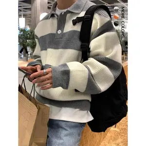 Men's Patchwork Print Half Button Sweater, Loose Casual Drop Shoulder Collared Jumper for Fall & Winter, Men's Knitwear for Daily Wear