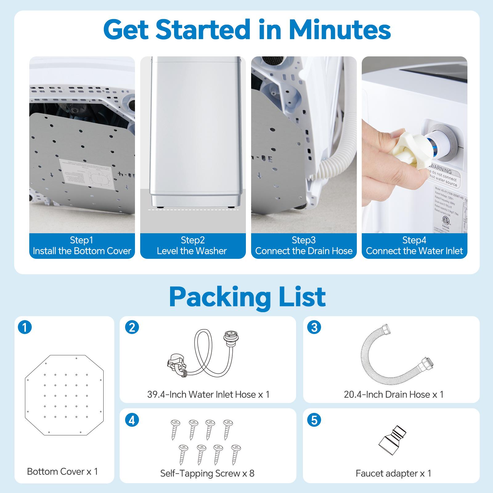 Washing Machine Portable Compact 7.7lbs Capacity Full-Automatic W/Drain Pump,10 programs 10 Water Level 1.34 Cu.ft Cloth Washer and Spinner Portable washing machine, 7.7 pounds, fully automatic compact model, stainless steel tub, 10 washing modes