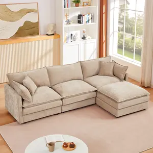 102" L-Shaped Modular Sectional Sofa with Movable Ottoman & DIY Combination, 3-Seater Chenille Cloud Couch for Living Room, Comfy Soft Sofa Set