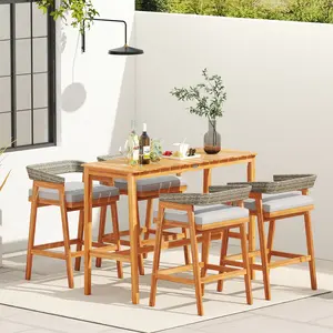 COSTWAY - Acacia Wood Counter Height Table with Slatted Tabletop and Footrest Crossbar