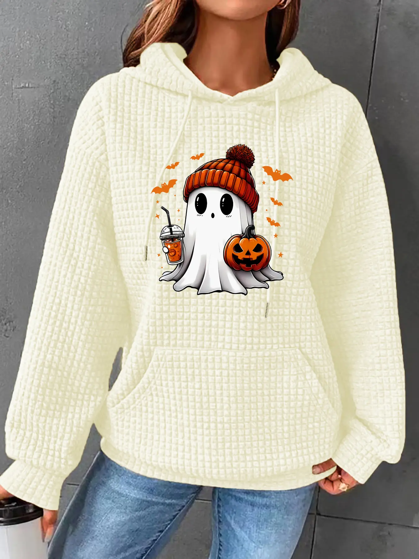 Women's Halloween Cartoon Ghost Print Drop Shoulder Long Sleeve Textured Waffle Knit Hoodie, Fashion Casual Drawstring Pocket Hooded Sweatshirt for Daily Holiday Outdoor Wear, Women Clothing for Fall & Winter