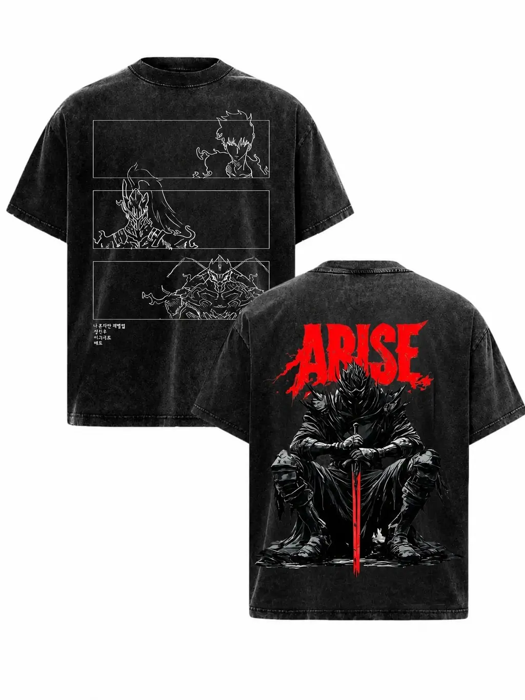 Sung Jin Woo Arise Solo Leveling Shadow Monarch Igris Beru Vintage Washed Cotton Oversized Anime Manhwa T-Shirt, Double Printed Bootleg Graphic Tee, Y2K Aesthetic Retro Unisex Streetwear Gym Pump Cover Acid Wash Faded Otaku Gift TikTok Trend Top Round Nec