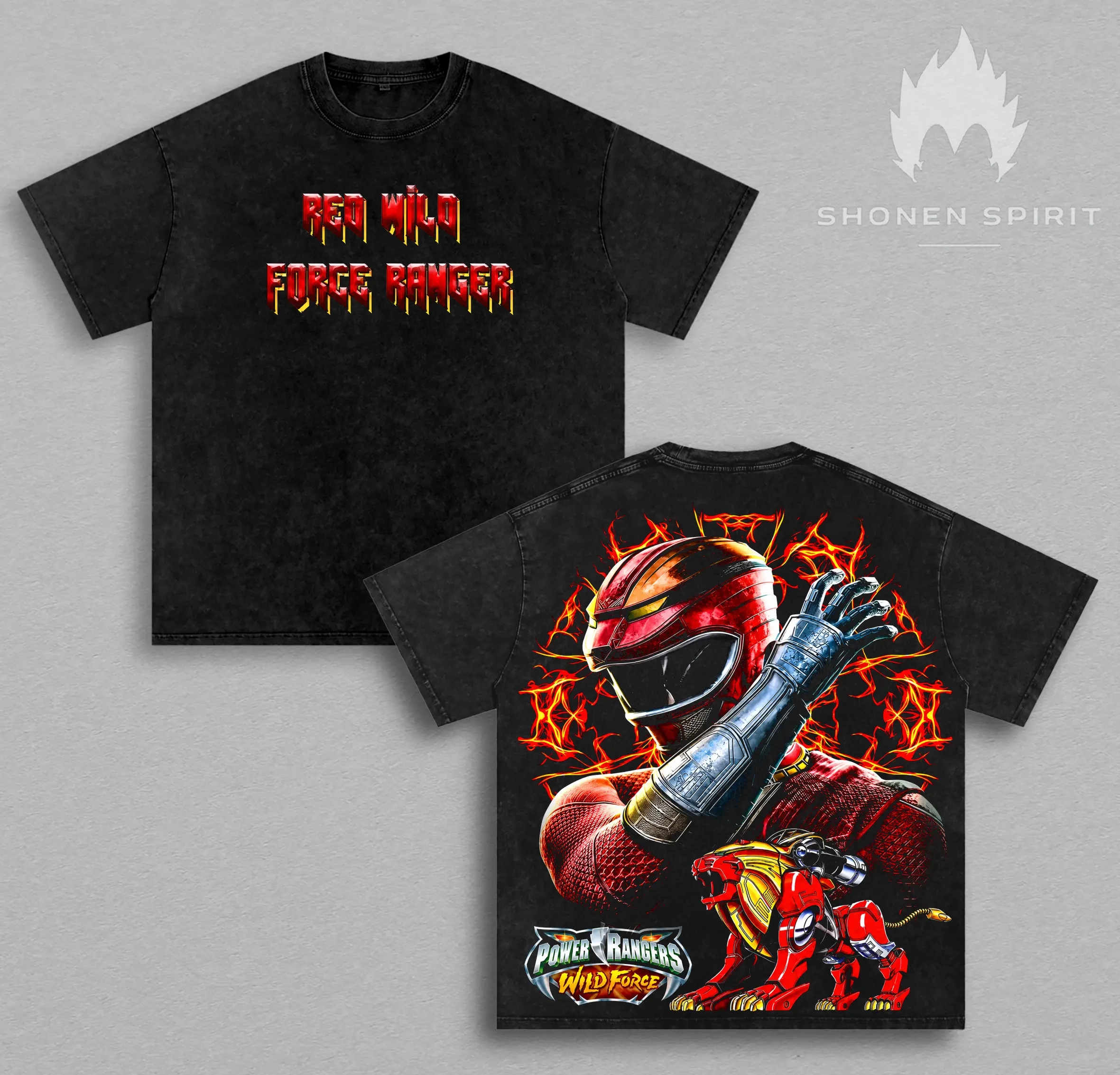Power Rangers Wild Force Red Ranger Washed T-Shirt, Red Wild Force Ranger Graphic Tee, Animarium Red Lion Zord Heavyweight Oversized Vintage Cotton Shirt, Double-Sided Retro Super Sentai Unisex Gift