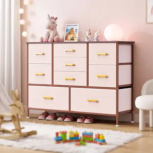 Dresser for Bedroom with 9 Drawers, Storage Organizer with Fabric Bins, Sturdy Metal Frame and Wood Tabletop, Chest of Drawers for Closet, Guest Room and Entryway