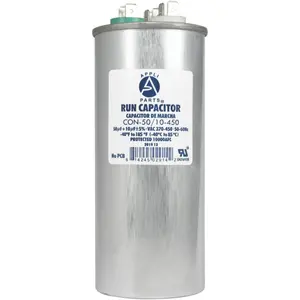 Appli Parts Dual Run Capacitor for ac 50+10 Mfd uF (microfarads) 370VAC or 450VAC CBB65 Round Universal fit for hvac and other applications 5-5/8 in High 2-1/8 in Wide CON-50/10-450