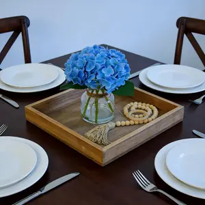 Real Touch Hydrangea Artificial Flowers in Vase with Wood Bead String, Lifelike Faux Hydrangea Flowers for Home Decoration,Blue