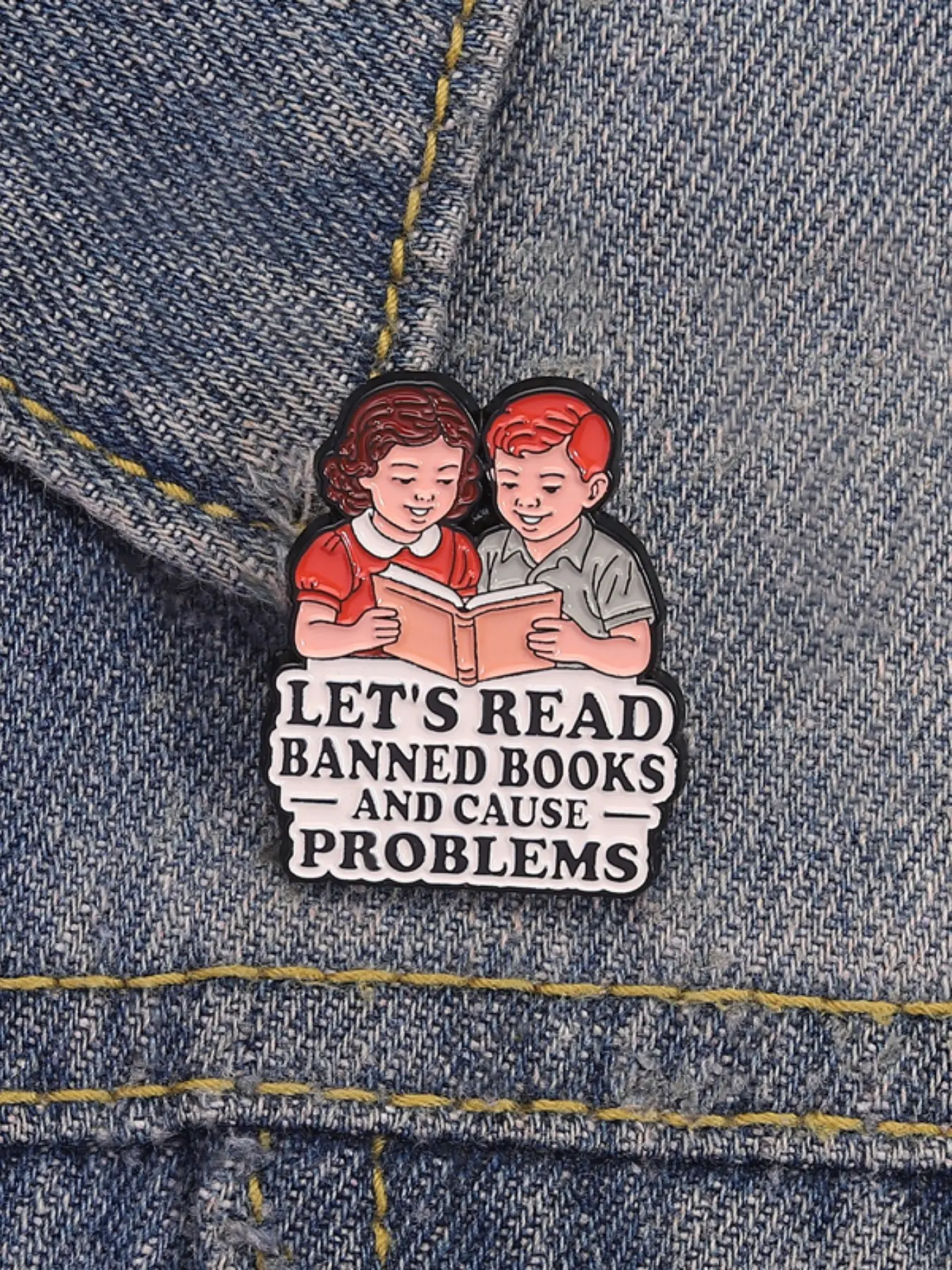 Reading Freedom Enamel Pin, Let's Read Banned Books Cause Problems Slogan, Vintage Child Reading Image Style Lapel Pin, Fashion Accessory, Enamel Lapel Pins, Brooches