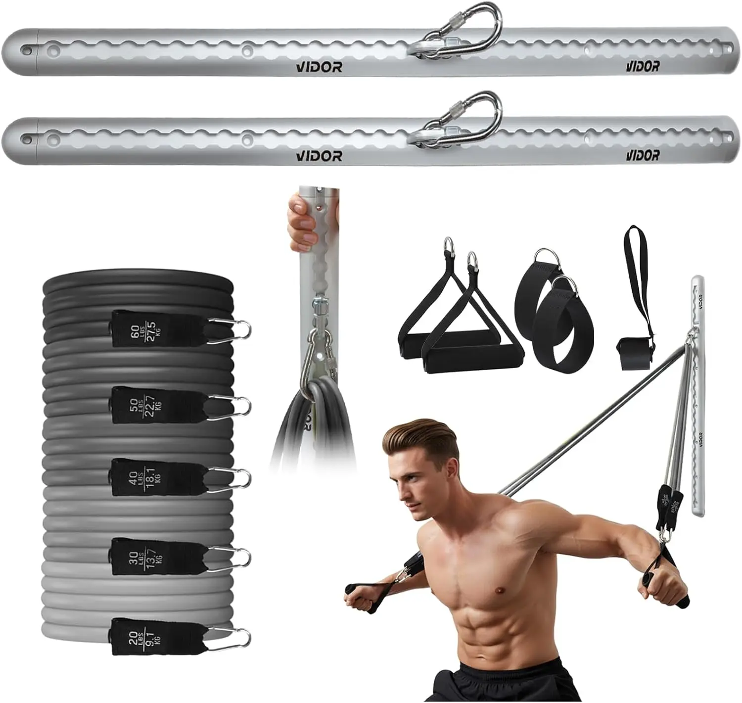 Resistance Band Wall Mount System - Heavy Duty Wall Anchor for Resistance Bands, Workout Wall Anchor with Aluminium Bracket for Home Gym Cable Machine & Fitness (with2Rails and Grey Resistance Band)