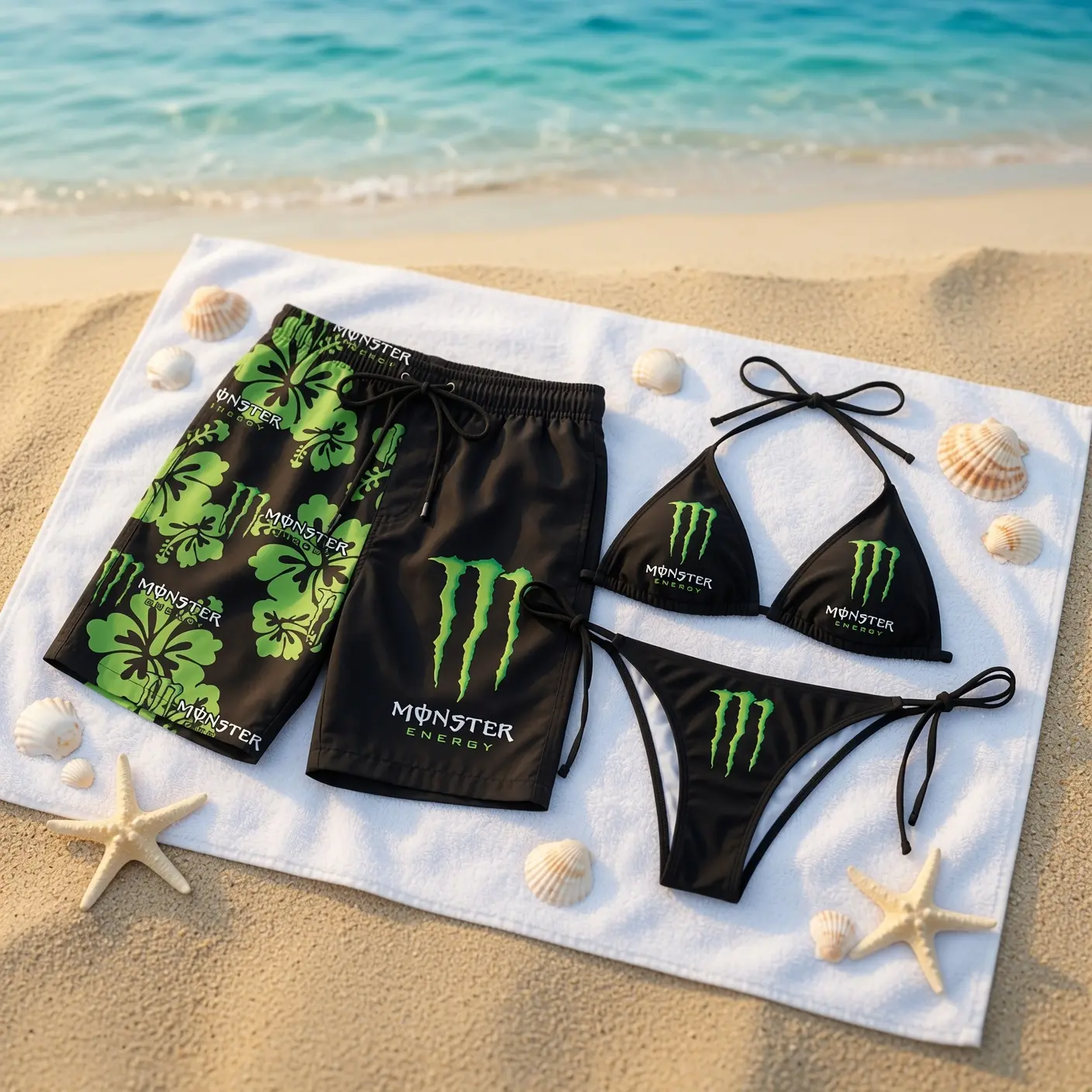 M0NSTER ENERGY Matching Couple Swimwear Set, Black Green Racing Logo String Bikini and Hawaiian Shorts, His and Hers Beach Vacation Outfit Gift
