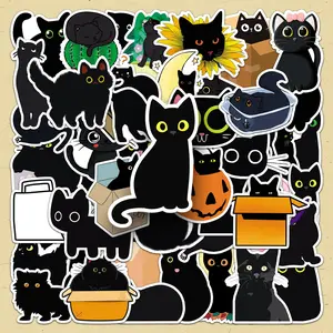 Cartoon Black Cat Pattern Sticker, 50pcs/set Cute DIY Decorative Sticker, DIY Decals for Water Bottle, Laptop, Cellphone, Phone Case, Scrapbooking, Journal Making