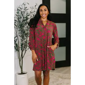 Lizzy Long Sleeve Dress in Pink and Olive Abstract Floral