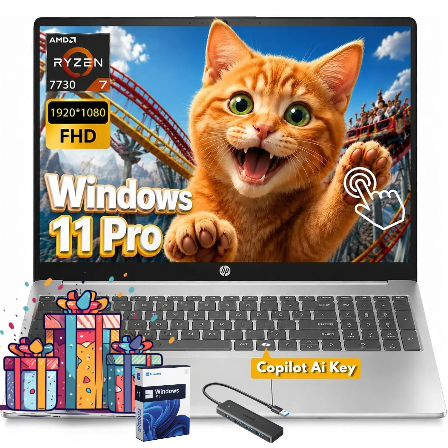 HP 15.6" FHD Touchscreen Laptop | AMD Ryzen 7 7730U, Up to 32GB RAM, 1TB SSD, Copilot AI Key, WiFi 6, Fast Charge, Windows 11 Pro, Portable for Business & Study | Bundle Accessories Included