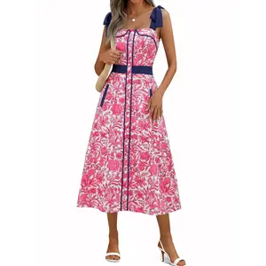 Wenrine Women's Summer Floral Midi Dress Casual Tie Strap Sleeveless Smocked Button Boho Flowy Beach Sundress with Pocket