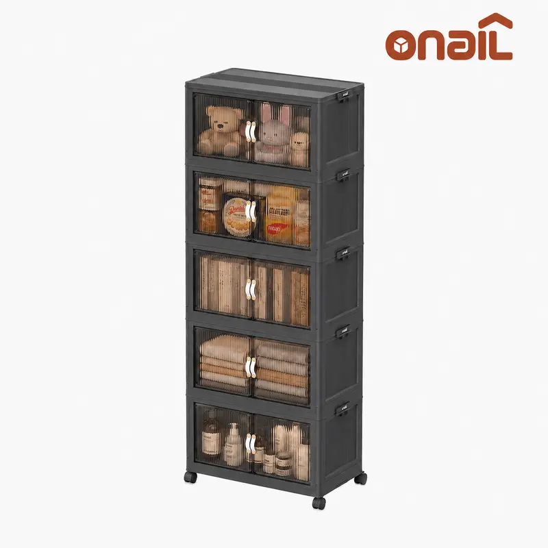 ONAIL Grey Foldable Storage Bin with Lid, Multi-Layer Stackable 128 QT Eco-Friendly PP Organizer, Dustproof, 2-Way Open Access, Movable with Locking Wheels for Closet, Bedroom, Office Organization