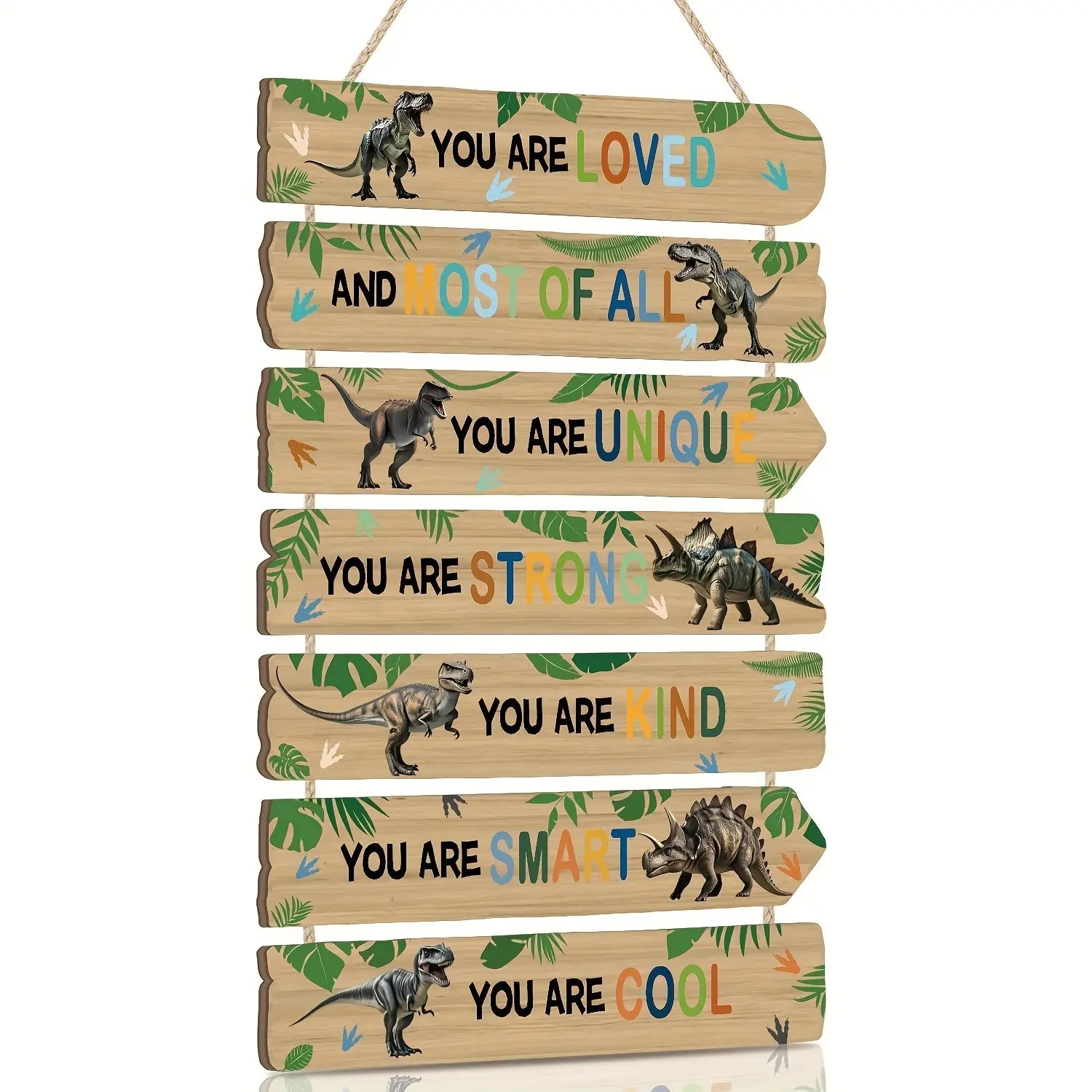 7 Piece Dinosaur Wooden Wall Art Signs, Colorful Dinosaur Illustrations, Perfect for Home, Bedroom, Game Room, Preschool, Classroom Decor