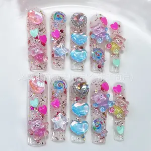 3D Water Pipe Jelly Nails - Medium Length Sparkle, Handmade Translucent Baddie Nails