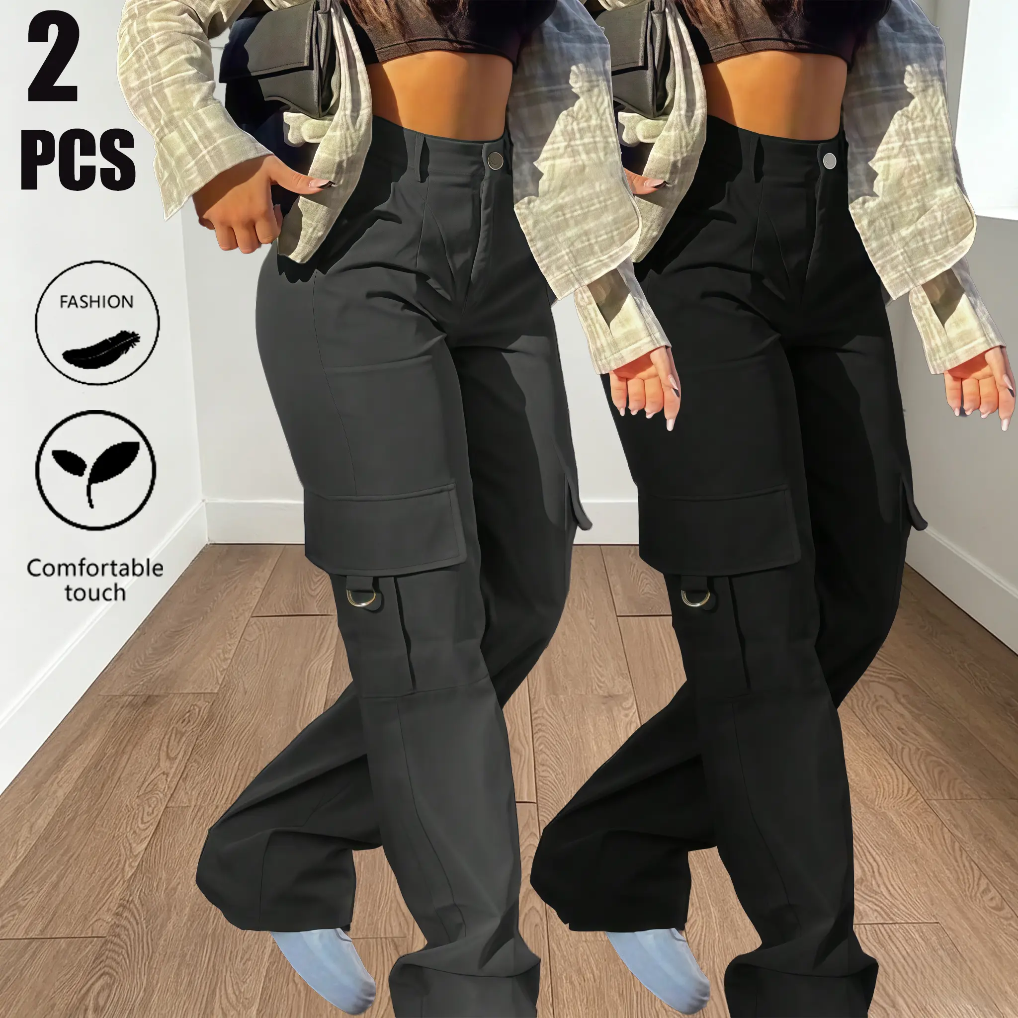 Women’s high-waisted cargo straight-leg pants, 2-pack, multiple pockets, metal D-ring decoration, wide-leg long pants, elastic waistband at the back with a relaxed drape, streetwear casual cargo pants