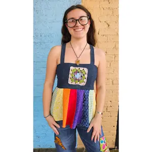 Patchwork Denim Hippie Apron Top – Corset Back, Crochet Detail B/C cup #1413